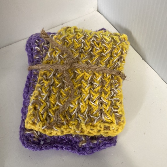 2 Handmade Knitted Scrubby Scrubbie Dish Sponges Yellow Purple Tan Beige - Picture 3 of 5